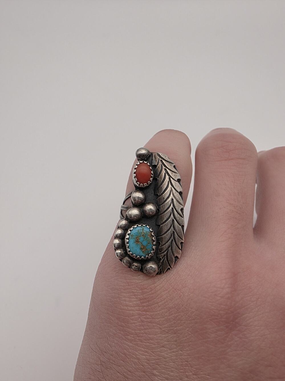 Native American Sterling Silver 925 Turquoise And Coral Ring Size 7